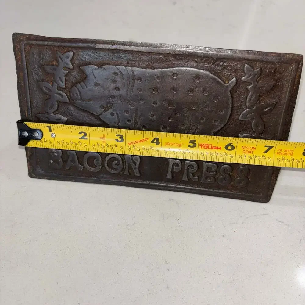 Vintage Cast Iron Bacon Press with Wooden Handle and Pig Design